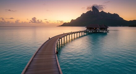Fototapeta premium Idyllic Tropical Paradise: A Serene Sunset Over Bora Bora's Luxury Overwater Bungalows