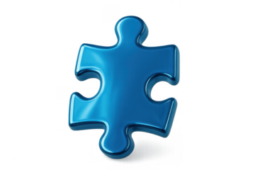 Blue shiny metallic puzzle piece on transparent background representing solution, connection, and problem-solving concept