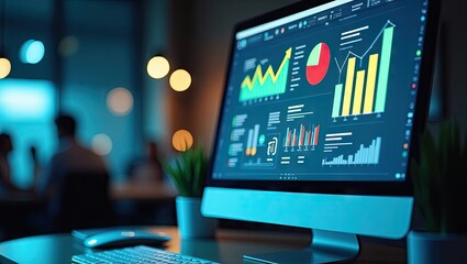 A  shot shows a desktop computer screen displaying various data visualizations and colorful charts, graphs, and diagrams with a shallow depth of field.
