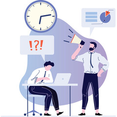 Man With Megaphone Yelling At Colleague Working On Laptop In Office With Big Clock And Data Chart Showing Business Performance
