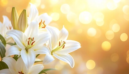 Fototapeta premium Día de la Inmaculada: Elegant White Lilies and Golden Light, Heavenly Bokeh Background for Religious Celebrations.