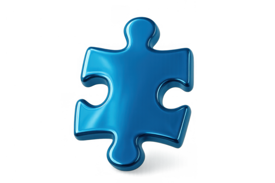 Blue shiny metallic puzzle piece on transparent background representing solution, connection, and problem-solving concept