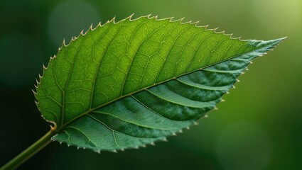 Obraz premium Delicate captures a single, vibrant green leaf with intricate veining and a serrated edge, illuminated by soft light against a blurred verdant background, creating a serene and naturalistic...