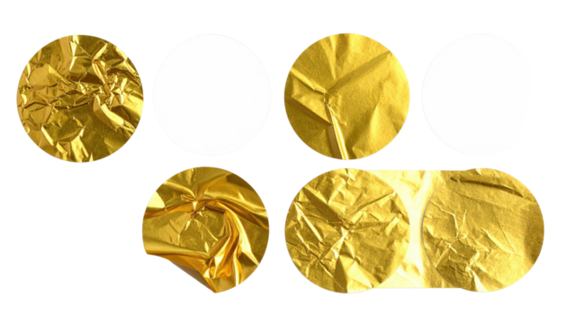 Golden foil discs, two blank, abstract still life