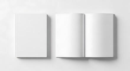 Two blank books, one closed and one open with empty white pages, ideal for mockups, branding, or design, isolated on white background