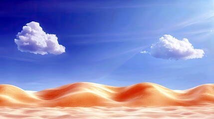 A surreal desert landscape featuring smooth, orange sand dunes under a vibrant blue sky with two distinct white clouds.