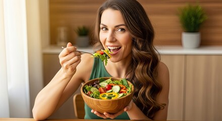 A Healthy Woman Enjoys Eating a Delicious Fresh Salad for Lunch