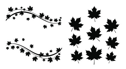 Black and white illustration of maple leaves and winding vines design