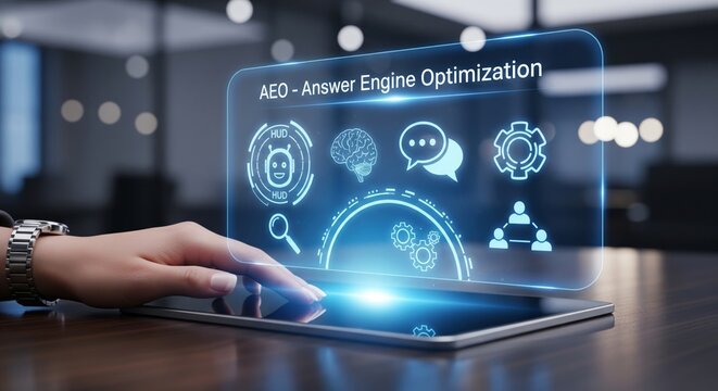 AEO Answer Engine Optimization Hologram Interface With AI Icons on Digital Tablet