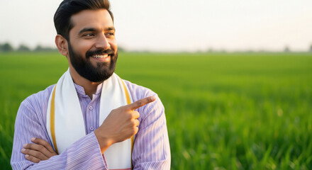 A thoughtful middle-aged Indian man in a lavender kurta stands in a lush field, confidently pointing to the side