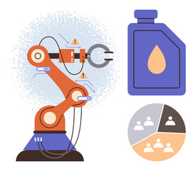 Industrial robotic arm with alert icons, oil container for maintenance, and workforce pie chart. Ideal for automation, manufacturing, technology, process optimization, resource management