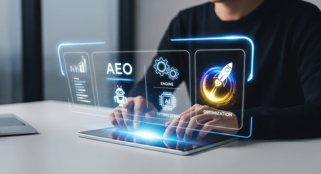 AEO Optimization Concept with AI Hologram Icons and Rocket Launch in Digital Workspace