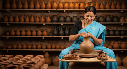 An Indian woman in a blue saree skillfully shapes a clay pot on a wheel, surrounded by shelves filled with handcrafted pottery