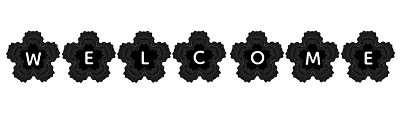 “WELCOME” displayed in bold white lettering, each letter placed inside a decorative black floral-style frame with soft glowing edges on Transparent background. 