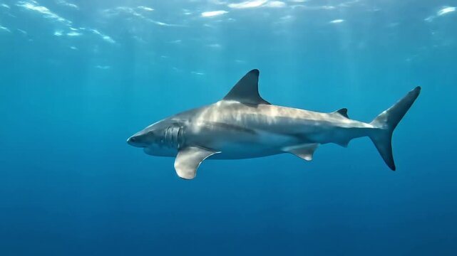 An abstract yet realistic depiction of a reef shark silhouetted against a shimmering surface, with dappled sunlight creating dramatic light patterns. Upward angle, contrasting light and shadow.