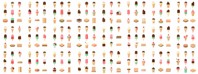 Vector pattern of various colorful ice cream cones, popsicles, and frozen desserts, illustrating summer sweets and treats in a flat design style.