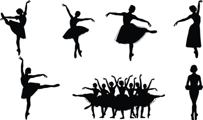 Ballet dancer silhouettes vector set, graceful female performers in various poses and a group of dancers, ideal for theatre, dance studio, or artistic performance graphics.