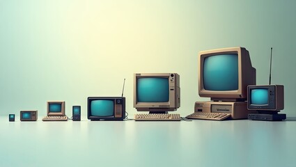 Vintage technology devices are lined up in ascending size, showing a progression of digital technology from small to large, with neutral background and a sense of retro charm and technological...