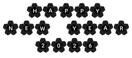 The phrase “Happy New Year 2026” presented inside ornate black floral frames with a glowing white text effect on Transparent background, ideal for celebration graphics, holiday promotions