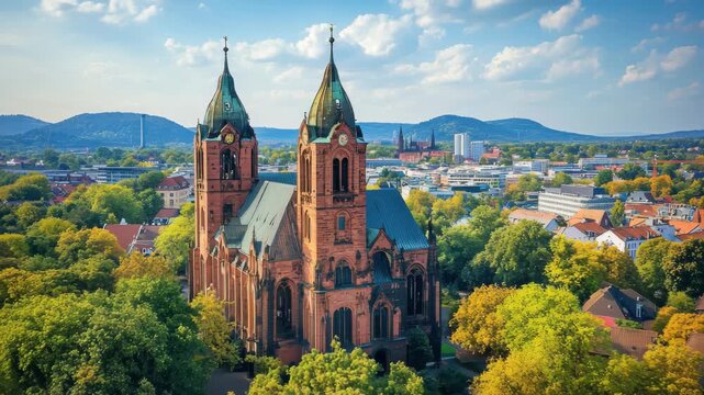 View of Bad Homburg showcasing historic architecture and lush greenery in Hessen, Germany, Aerial view of the city Bad Homburg in Germany, hesse on a sunny morning in late summer