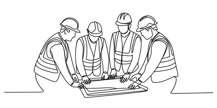 Construction team discussing building plans, engineers meeting for project management. architect workers review blueprint design illustration.