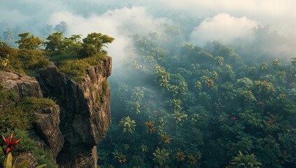 Majestic Mountain Edge Overlooking Lush Green Forest and Fog