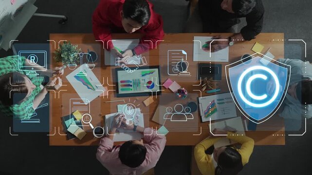 A group of diverse professionals collaborates in a modern workspace, engaging in brainstorming and data analysis while utilizing digital tools to enhance their productivity. Raster