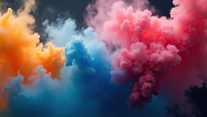 Colorful, abstract clouds dominate the frame, featuring vibrant hues of orange, blue, and pink with subtle gradients.