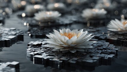 A pristine white water lily blossoms atop a dark, geometric, cube-like surface floating on calm, reflective water, surrounded by similar lilies and bokeh lights