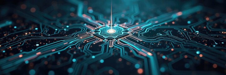 Central processing unit with intricate circuit board design features illuminated lines in a deep, dark blue tone, glowing and radiating light from the core component, creating a futuristic and...
