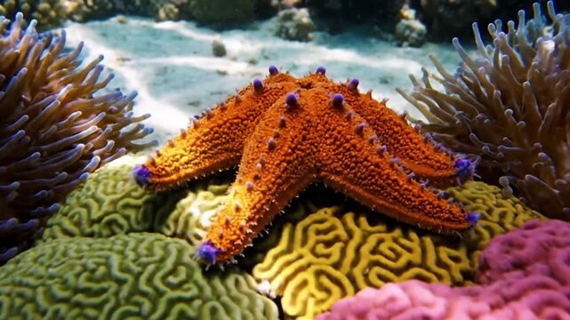 Sunlight dappling through ocean waves, illuminating a starfish resting peacefully on a rock, with exceptional water clarity. Underwater perspective, capturing natural light and shadow play.