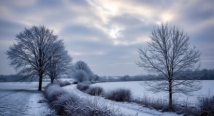 Fototapeta premium Winter wonderland landscape with snow covered fields and frosted trees beauty