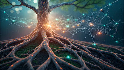 Majestic tree with intricate roots symbolizes growth and connection, embodying essence of web3 and decentralized applications