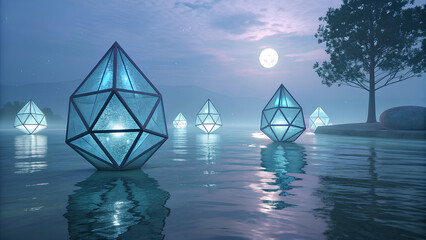 Serene landscape features glowing geometric shapes reflecting calm water moonlit sky, showcasing beauty of decentralized applications web3