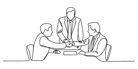 Continuous line drawing of two business professionals shaking hands, symbolizing successful agreement, partnership, and a sealed deal.