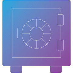 Minimalist line art illustration of a safe with a circular combination lock on a gradient purple and blue background representing security and finance concepts