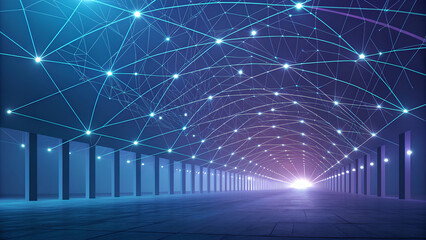 Futuristic space showcases web3 environment with decentralized applications illuminated by glowing connections. atmosphere is vibrant