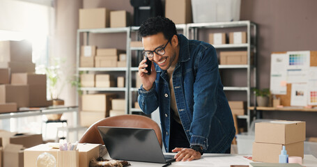 Phone call, supply chain and man with laptop, smile and schedule for delivery. Person, business...