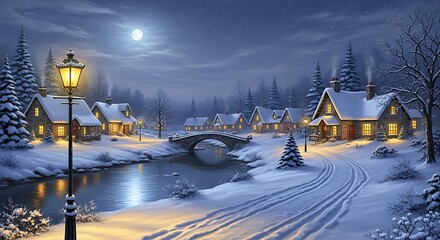 Dreamy winter landscape with snow covered houses and full moon night