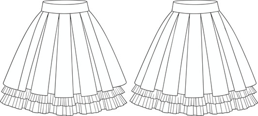 “Detailed vector CAD illustration of pleated layered skirt design with ruffle hem, fashion technical drawing template for apparel designers”