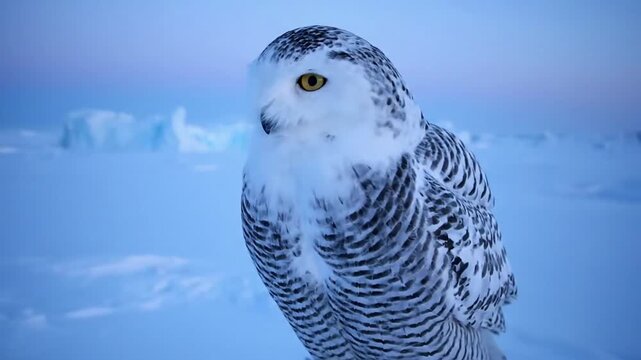 An atmospheric wide shot of a snowy owl camouflaged against a stark, windswept arctic tundra landscape, showcasing its adaptation to extreme cold. Aerial view, drone shot, expansive