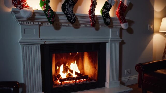 Cozy fireplace with hanging stockings in christmas decor creating warm holiday atmosphere