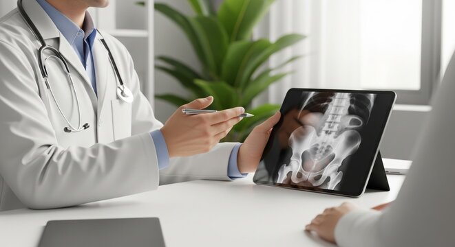 Doctor Explaining Pelvic X-Ray on Digital Tablet to Patient