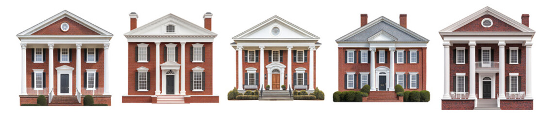 Obraz premium Classic Elegant Architecture of Four Historic Brick Houses, Isolated on Transparent, white background