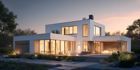 Modern sustainable smart house with solar panels on roof at sunset, eco-friendly architecture, renewable energy home and green technology concept