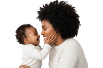 Happy African American mother lovingly plays with her laughing baby isolated on transparent background