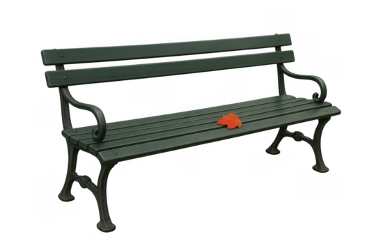 Green wooden park bench with cast iron arms, an orange maple leaf resting on the seat, signifying loneliness and reflection