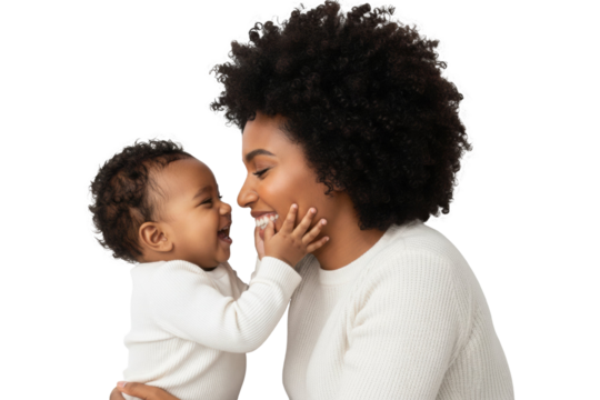 Happy African American mother lovingly plays with her laughing baby isolated on transparent background