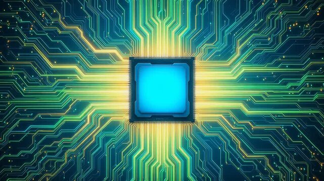 Central processing unit CPU chip on glowing green electronic circuit board