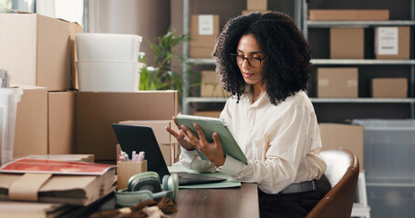 Boxes, logistics and tablet with woman in distribution depot for delivery or shipping agenda. App, schedule and supply chain management with person in warehouse office for checklist or tracking